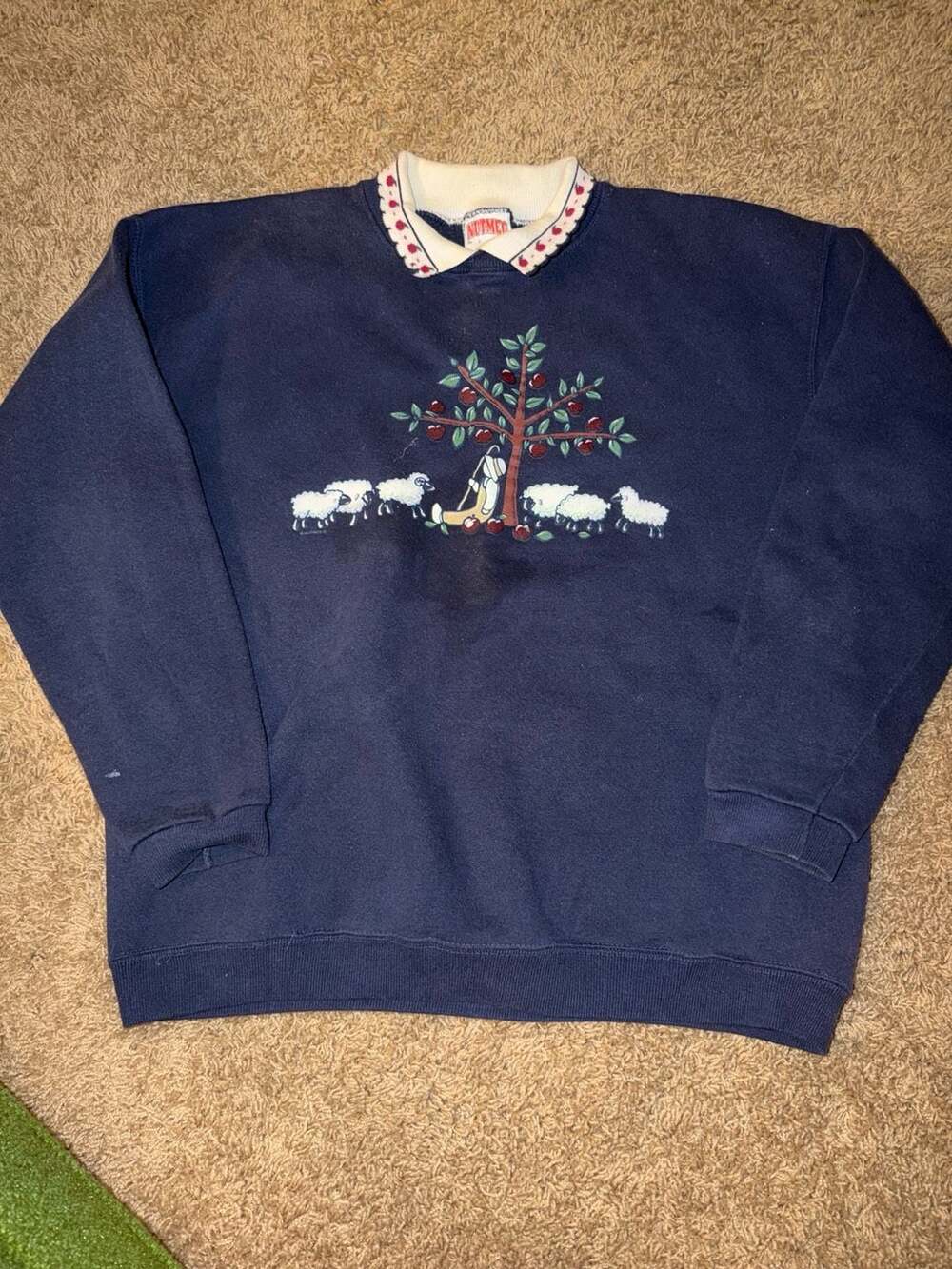 VTG USA Nutmeg Mills Collared Sweatshirt Womens Sz L Little Bo Peep Sheep Granny